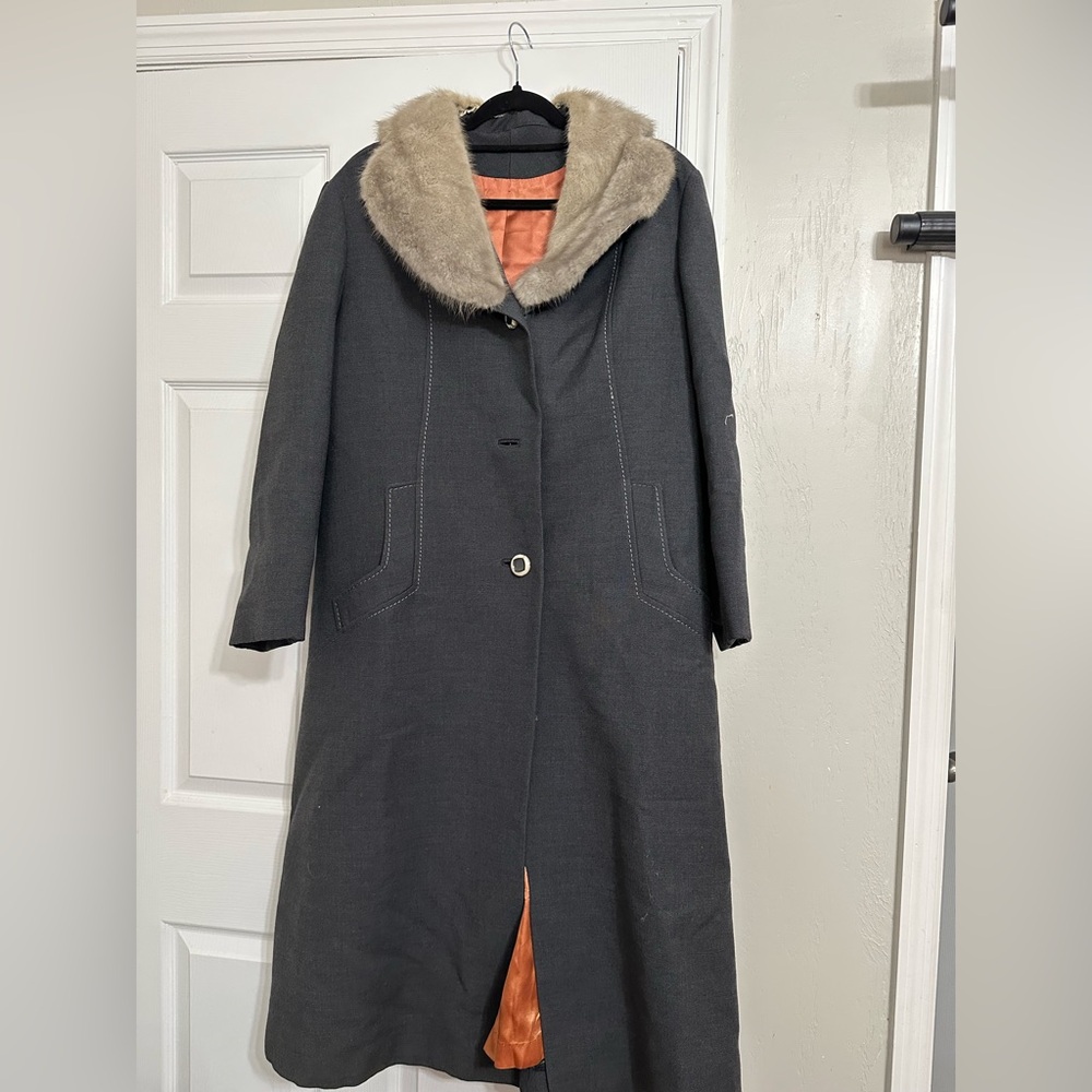 Vintage Steven Forstmann Charcoal Trench Coat with Tan Rabbit Fur Collar